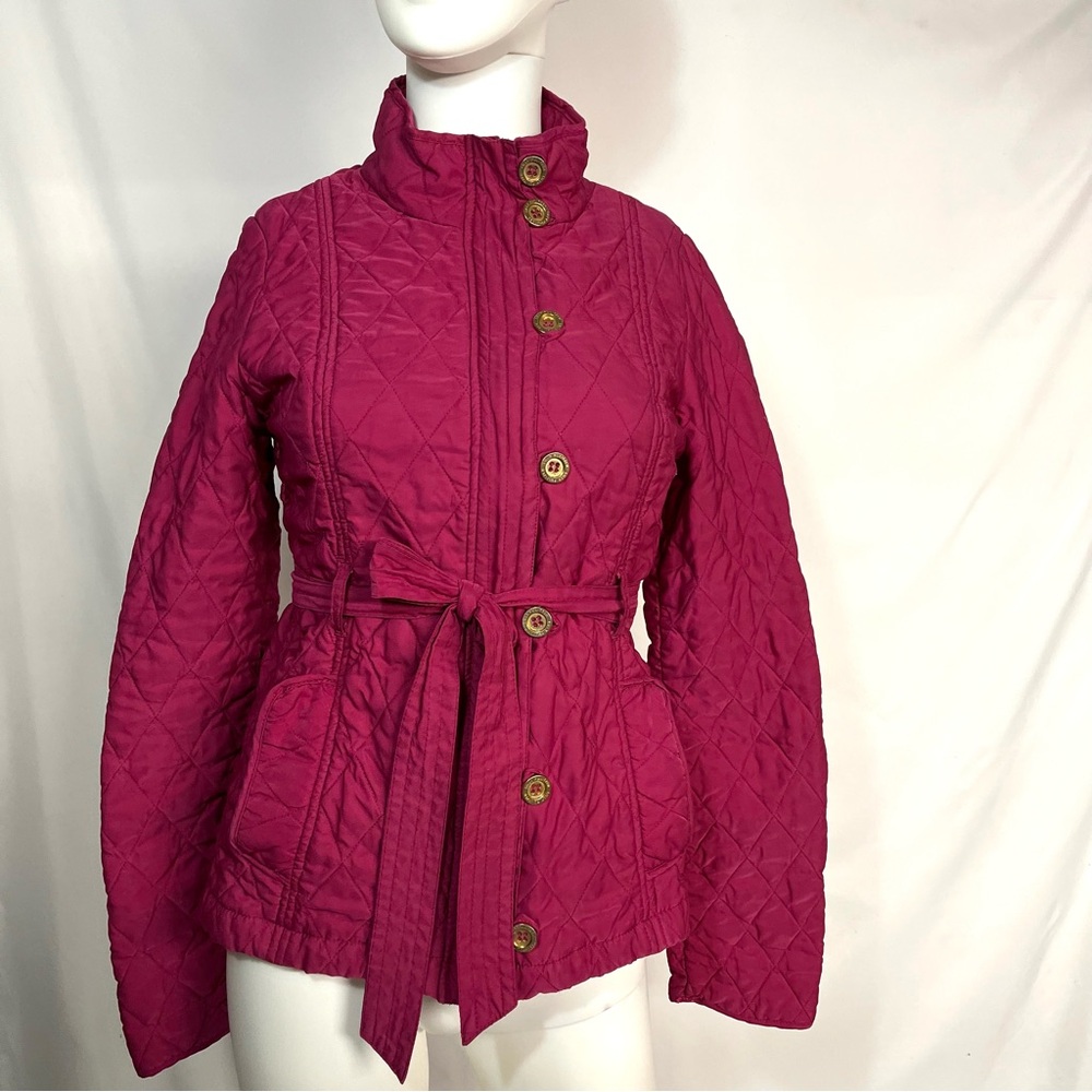 Lilly Pulitzer Magenta Pink Quilted Jacket Gold Buttons Zip Pocket Barn Coat 2